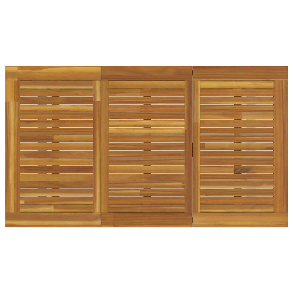 Ein Holztisch, bestehend aus drei verbundenen Teilen. Jeder Teil hat horizontale Holzlatten in einem rechteckigen Rahmen, alles in hellbraun.