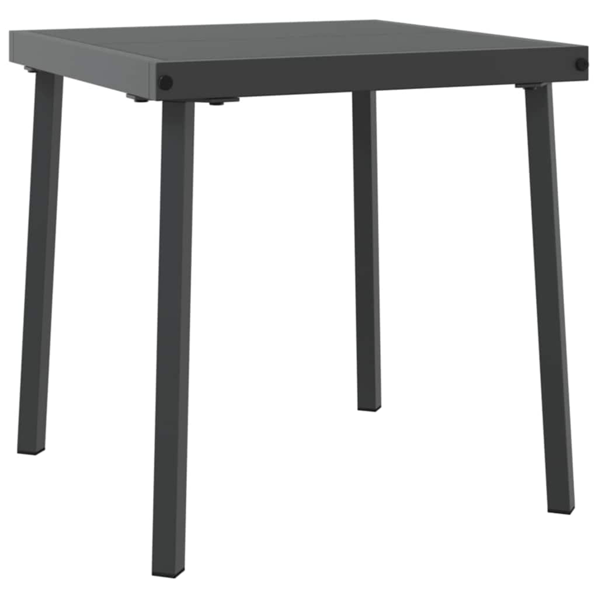 Ein quadratischer, dunkelgrauer Tisch mit vier Beinen, vor weißem Hintergrund. Der Tisch ist schlicht und modern.