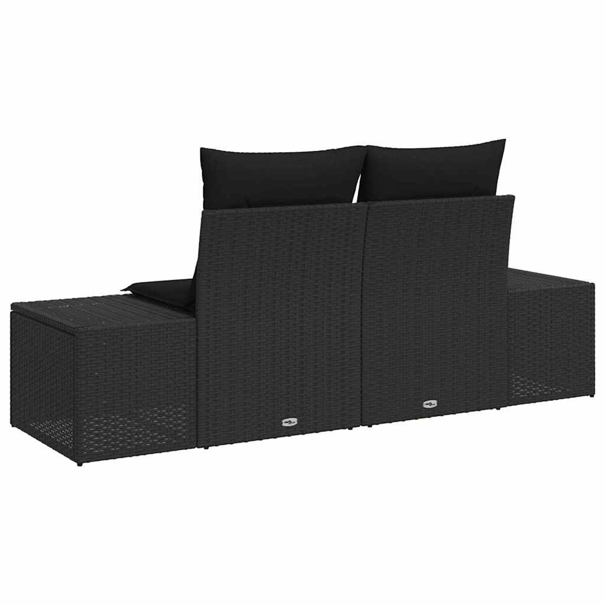 Schwarzes Outdoor-Sofa aus Korbgeflecht mit zwei Rückenkissen. Das Sofa hat links einen Stauraum und ist vom Betrachter abgewandt.