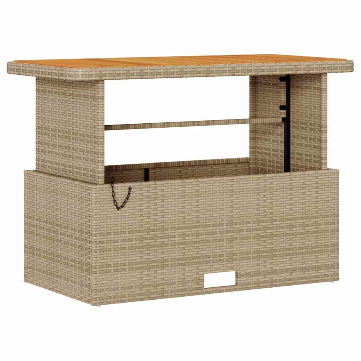 Eine beigefarbene Outdoor-Bar aus Korbgeflecht mit Holzplatte. Sie hat Regale und eine kleine Kette. Ein rechteckiger Ausschnitt ist sichtbar.