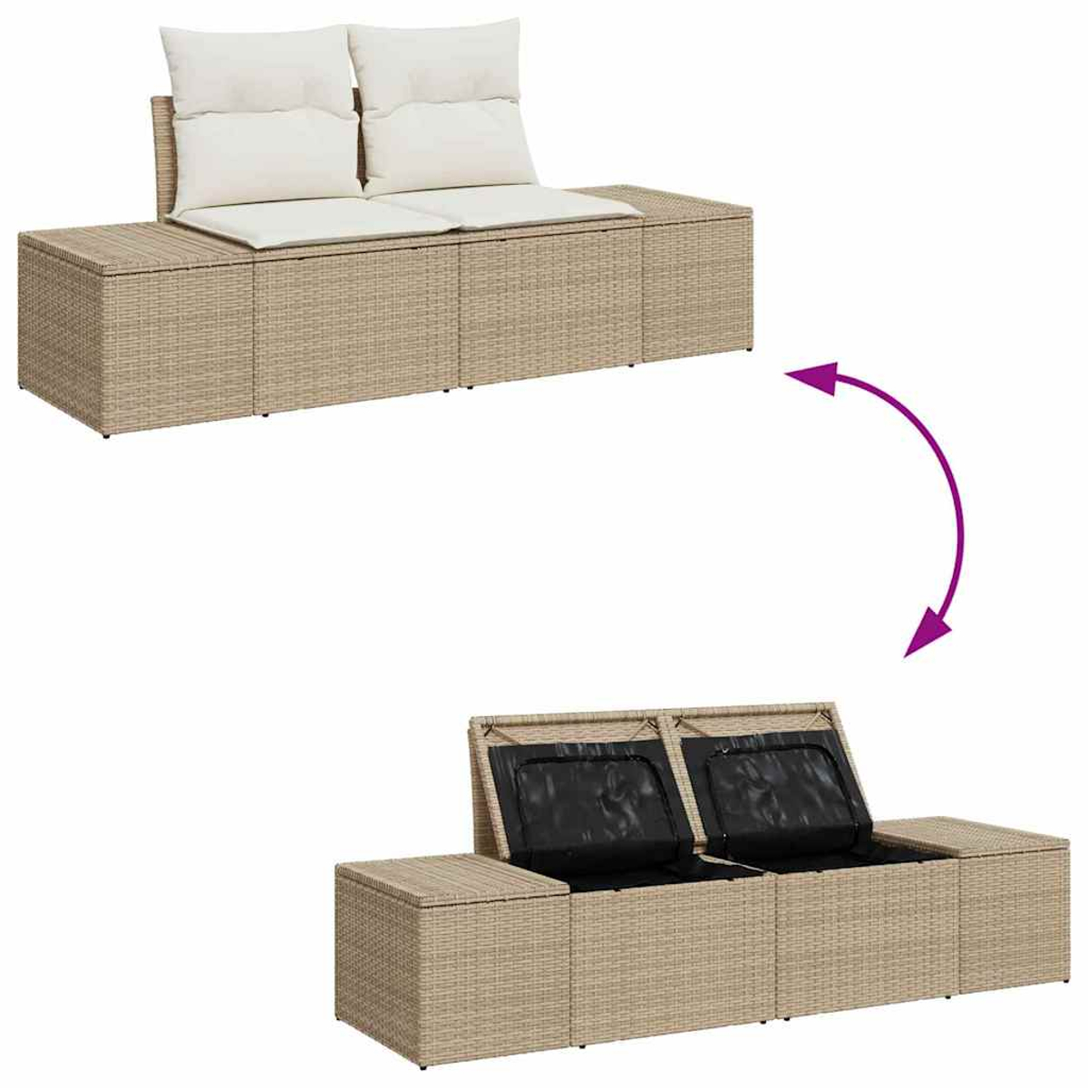 Beige Outdoor-Wicker-Sofa mit zwei Kissen. Das Sofa verwandelt sich und zeigt Stauraum. Ein Pfeil zeigt die Transformation.