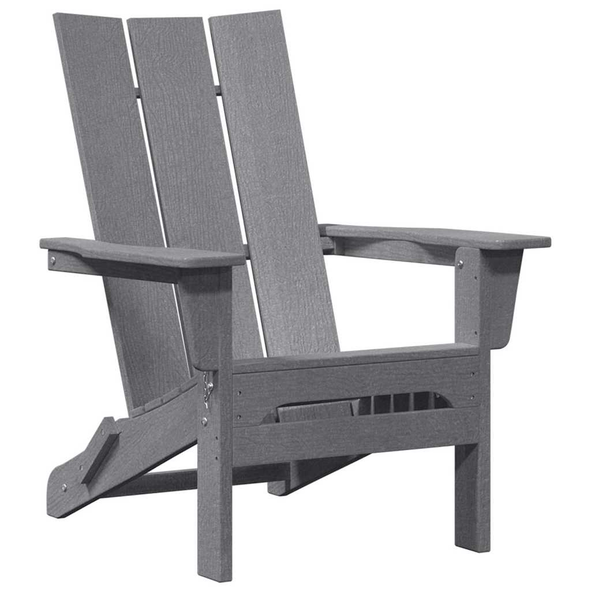 Ein grauer Holz-Adirondack-Stuhl mit Lattenrücken und Armlehnen, vor weißem Hintergrund.