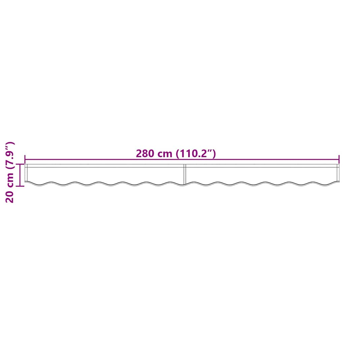 Ein Diagramm zeigt ein horizontales Liniensegment mit der Bezeichnung 280 cm (110,2"). Ein vertikales Liniensegment ist mit 20 cm (7,9") beschriftet.