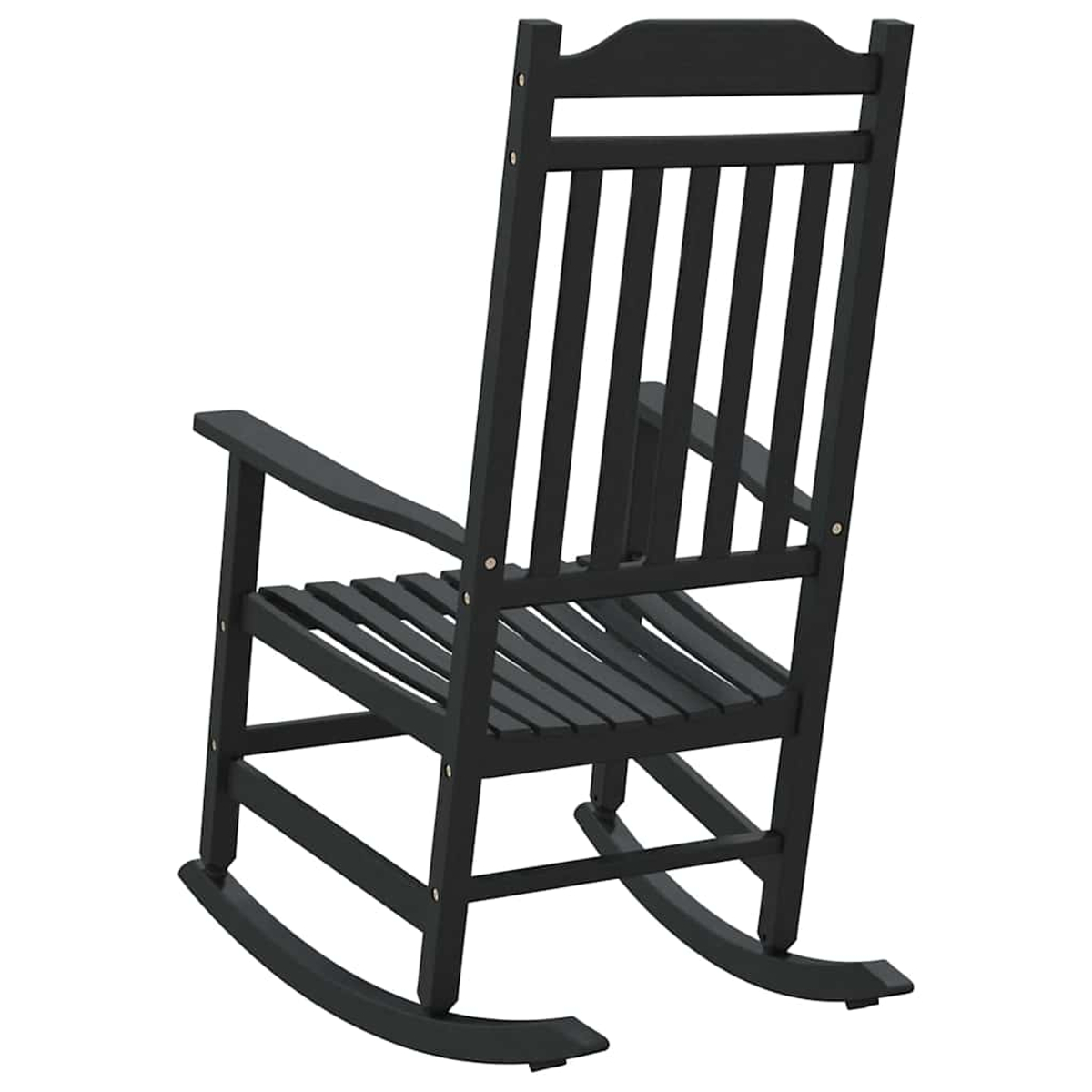 Ein schwarzer Schaukelstuhl aus Holz, angewinkelt. Er hat Lamellen für Sitz und Rücken sowie Armlehnen. Der Hintergrund ist weiß.