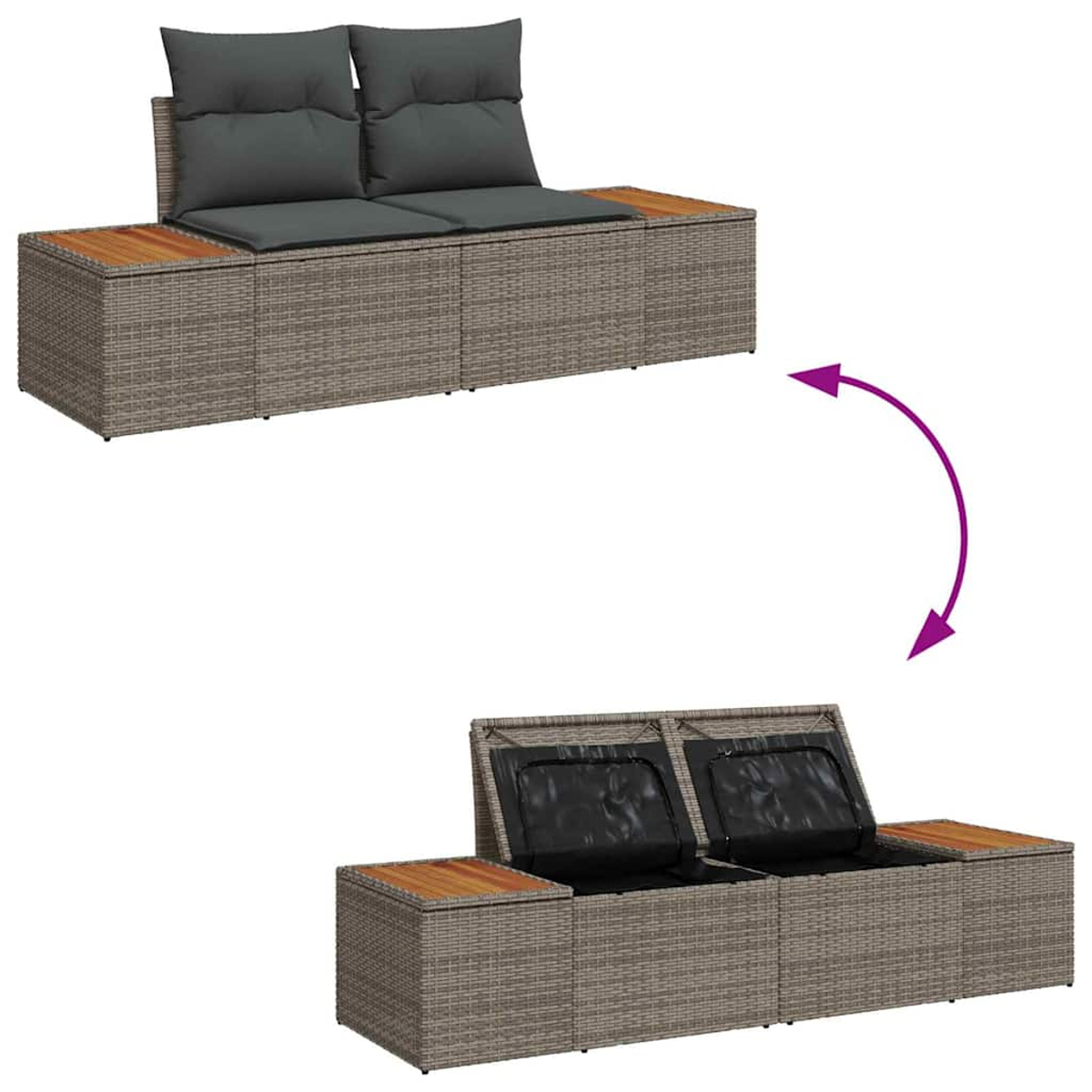Geflochtenes Outdoor-Sofa mit Kissen und Stauraum. Oben geschlossen, unten offene Staufächer, mit Pfeil, der die Transformation anzeigt.
