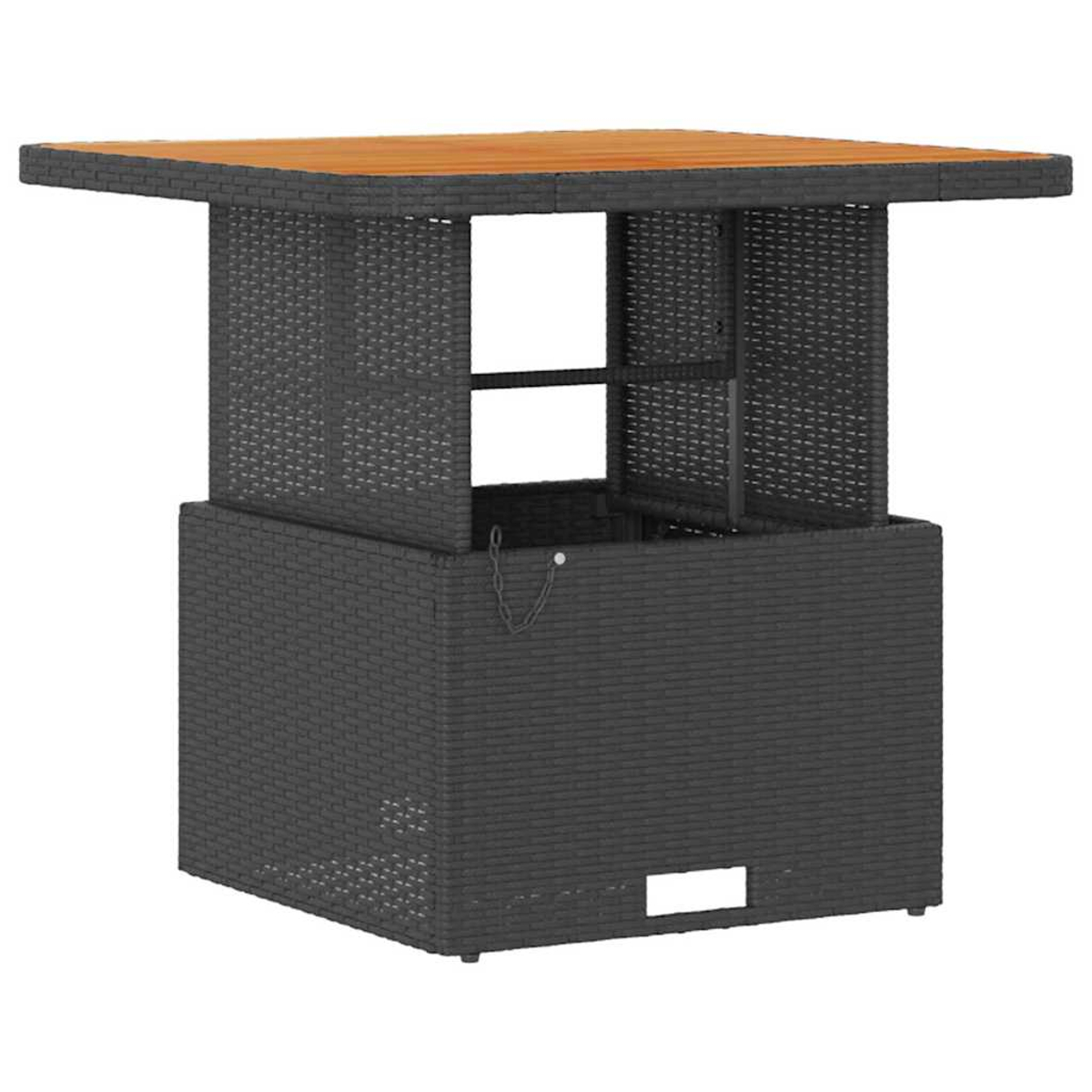 Ein quadratischer Bartisch für den Außenbereich. Er hat eine Holzplatte, einen gewebten dunkelgrauen Korpus und eine rechteckige Öffnung an der Basis.