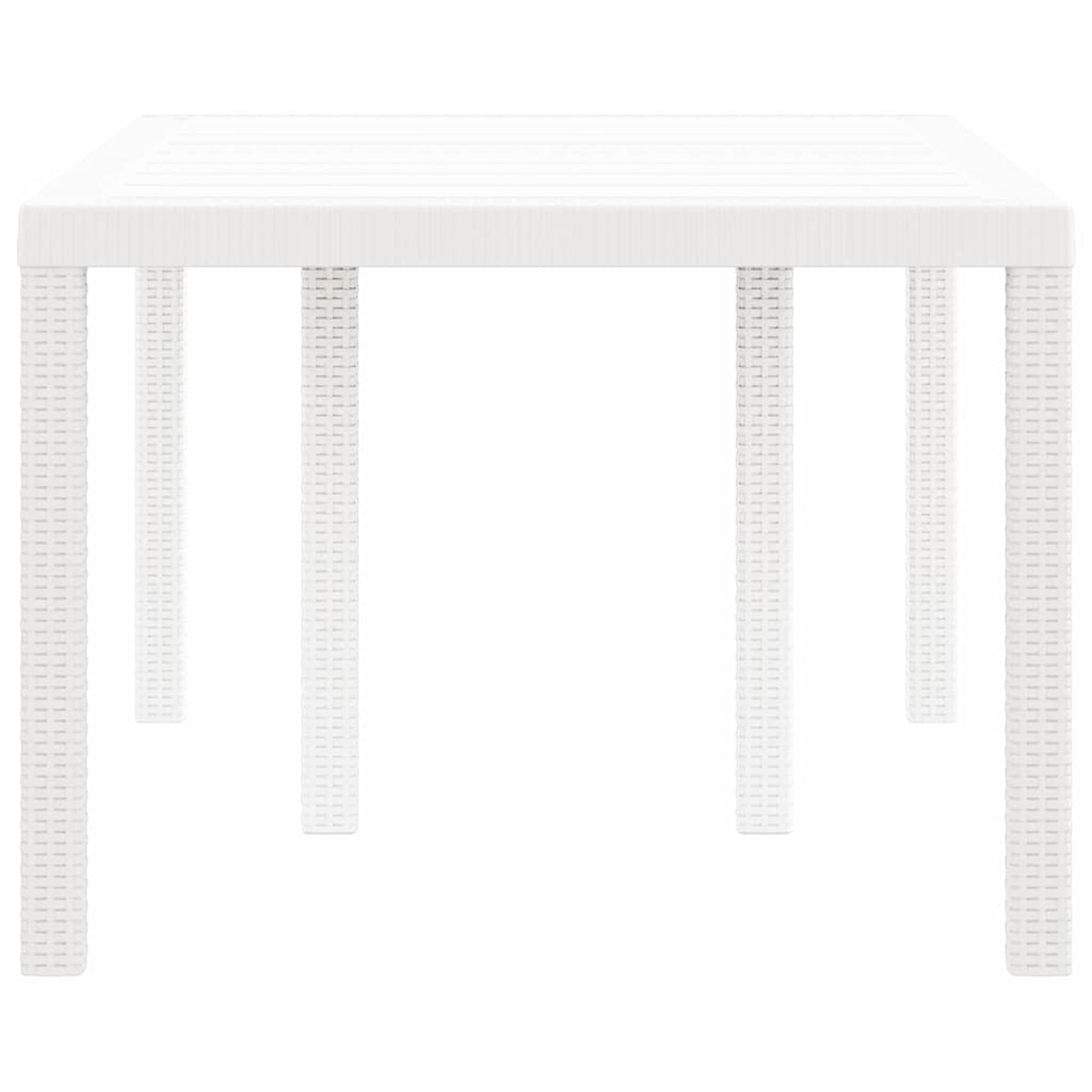 Ein weißer quadratischer Tisch mit vier Beinen. Der Tisch hat eine strukturierte Oberfläche und Beine. Der Hintergrund ist schlicht weiß.