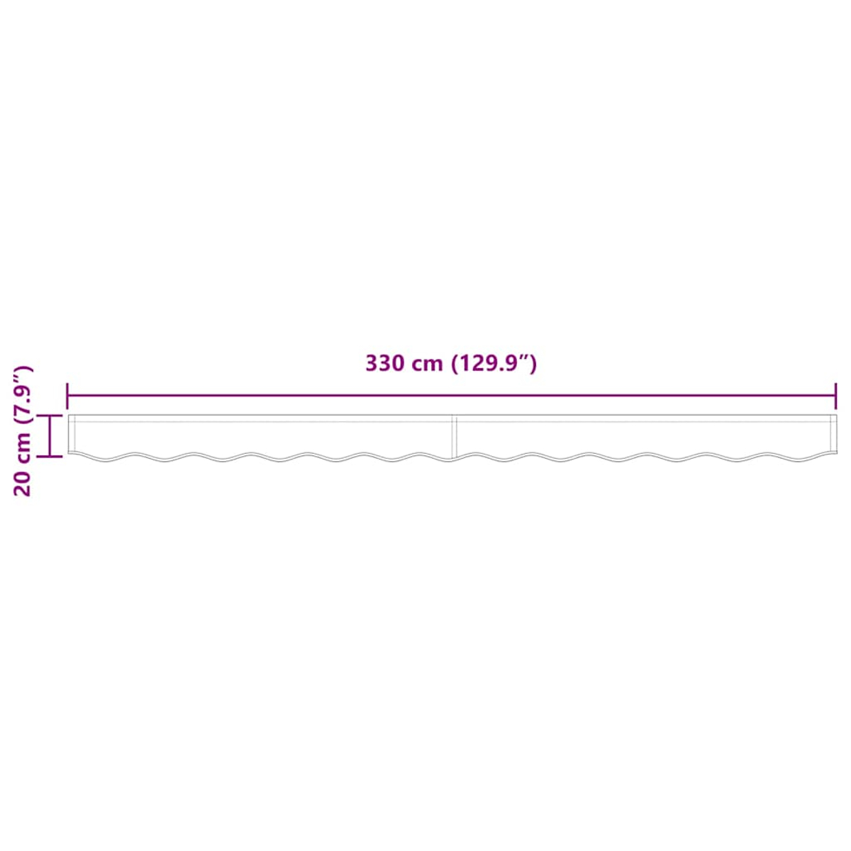 Ein Diagramm, das ein horizontales Liniensegment von 330 cm mit einem kleineren vertikalen Segment von 20 cm mit dem Maß in Zoll zeigt.
