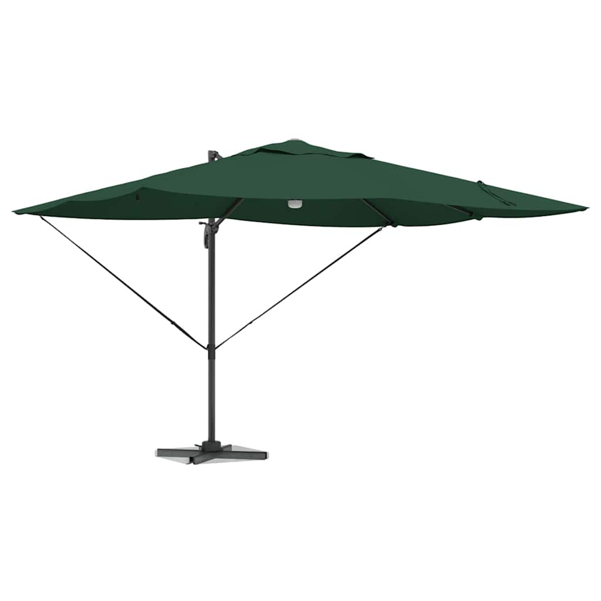 Un grande ombrellone verde da esterno con palo nero e travi di supporto, su una base quadrata, su sfondo bianco.