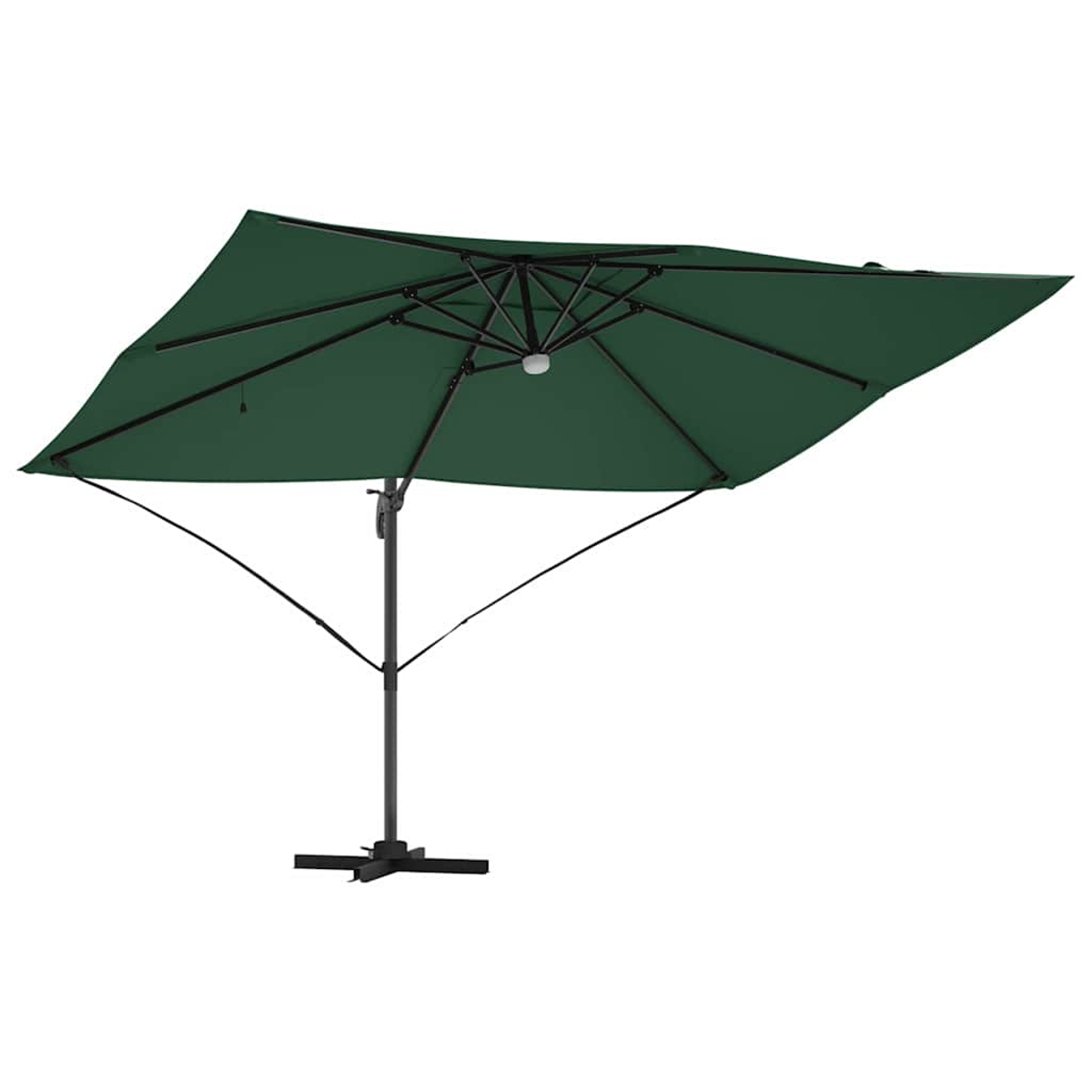 Un ombrellone da patio rettangolare verde con telaio nero. L'ombrellone è aperto, su sfondo bianco.