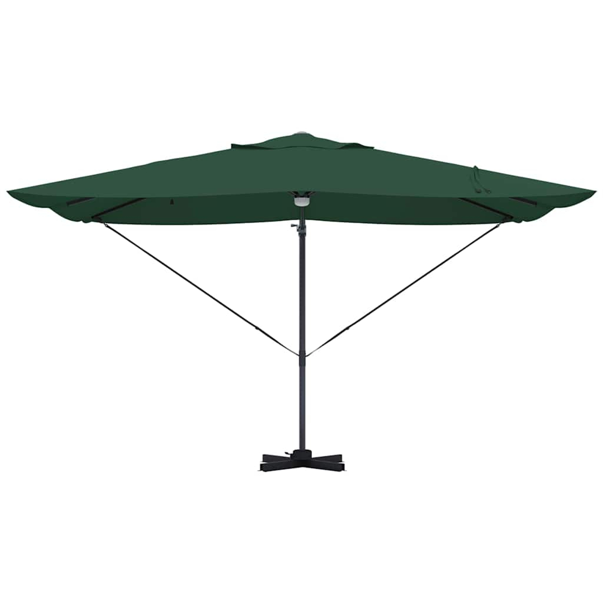 Un ombrellone verde è aperto. Ha un palo nero e bracci di supporto. La base è una croce nera.