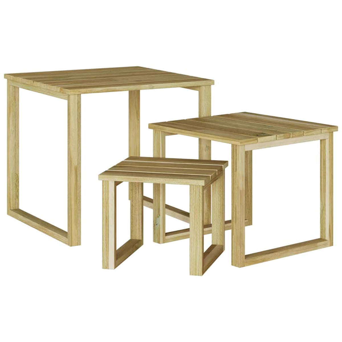 Drei Holztische in verschiedenen Größen sind angeordnet. Sie haben quadratische Oberflächen und sind aus hellfarbigem Holz, vor weißem Hintergrund.
