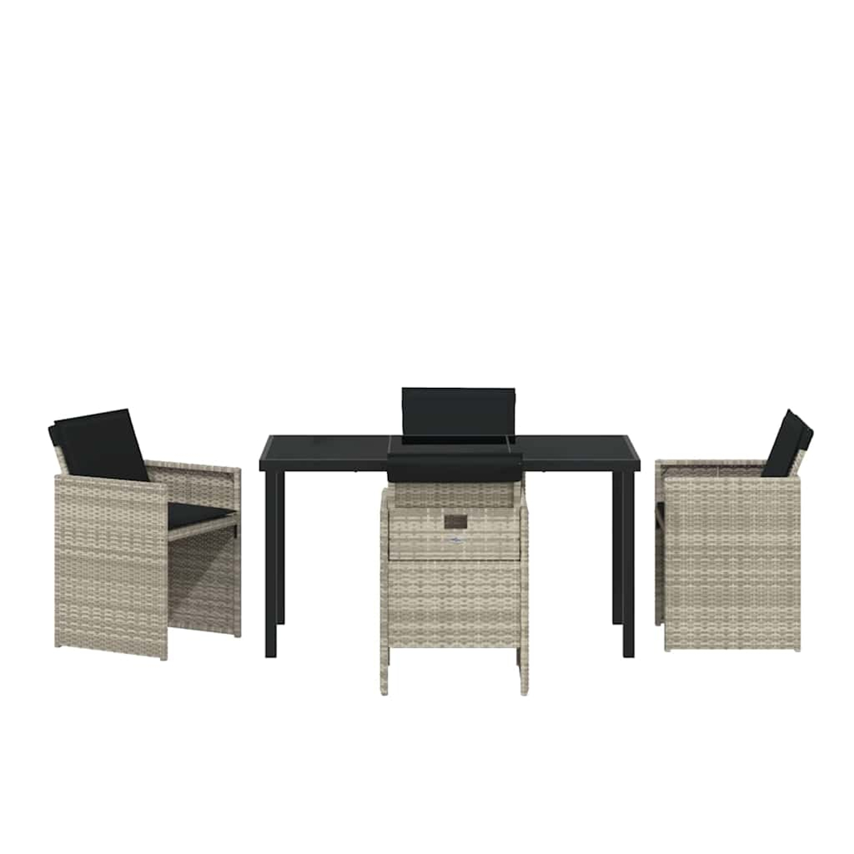 Un set da patio con tavolo nero, due sedie con cuscini neri e un mobile contenitore, tutto in vimini grigio chiaro.