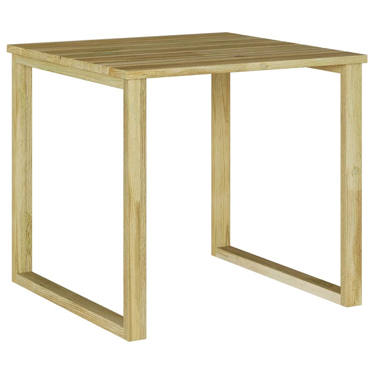 Ein quadratischer Holztisch, hellbraun, mit einer Lattenoberfläche und vier quadratischen Beinen. Der Hintergrund ist weiß.