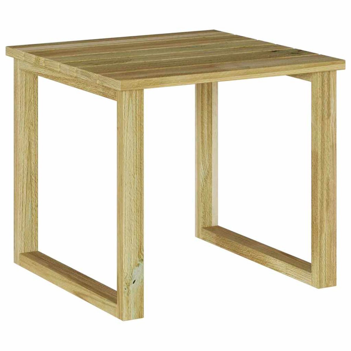 Ein kleiner, quadratischer Holztisch mit einer Lattenoberfläche und quadratischen Beinen. Er ist aus hellem Holz gefertigt und vor einem weißen Hintergrund platziert.