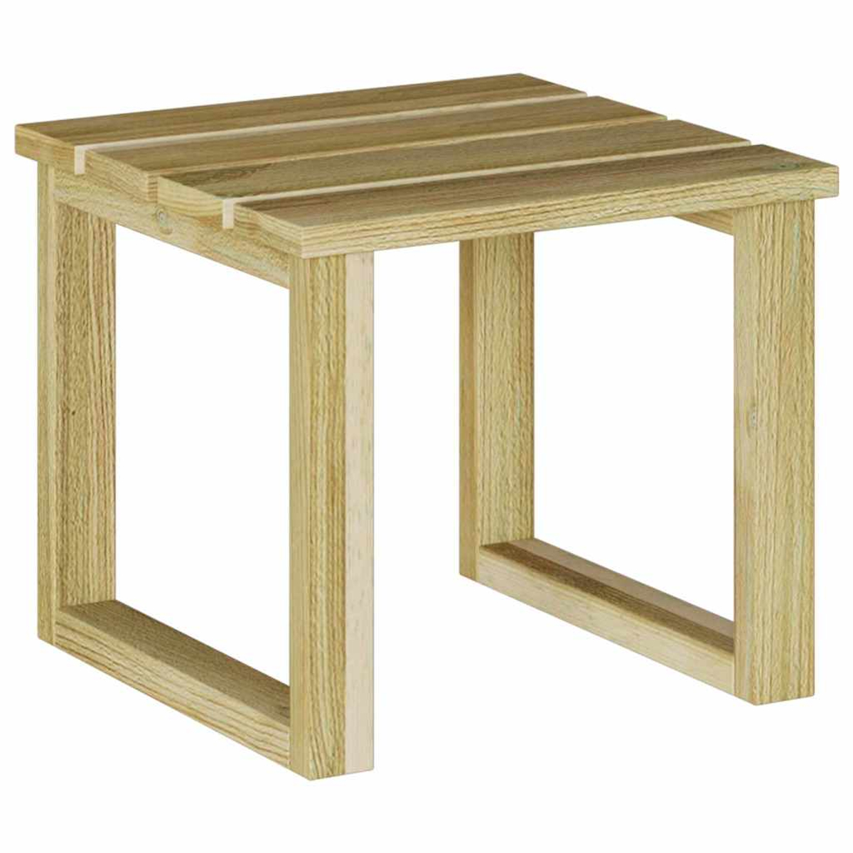Ein kleiner Holzschemel mit Lattenrost. Der Rahmen ist quadratisch, mit vier Beinen, alles aus hellfarbenem Holz.