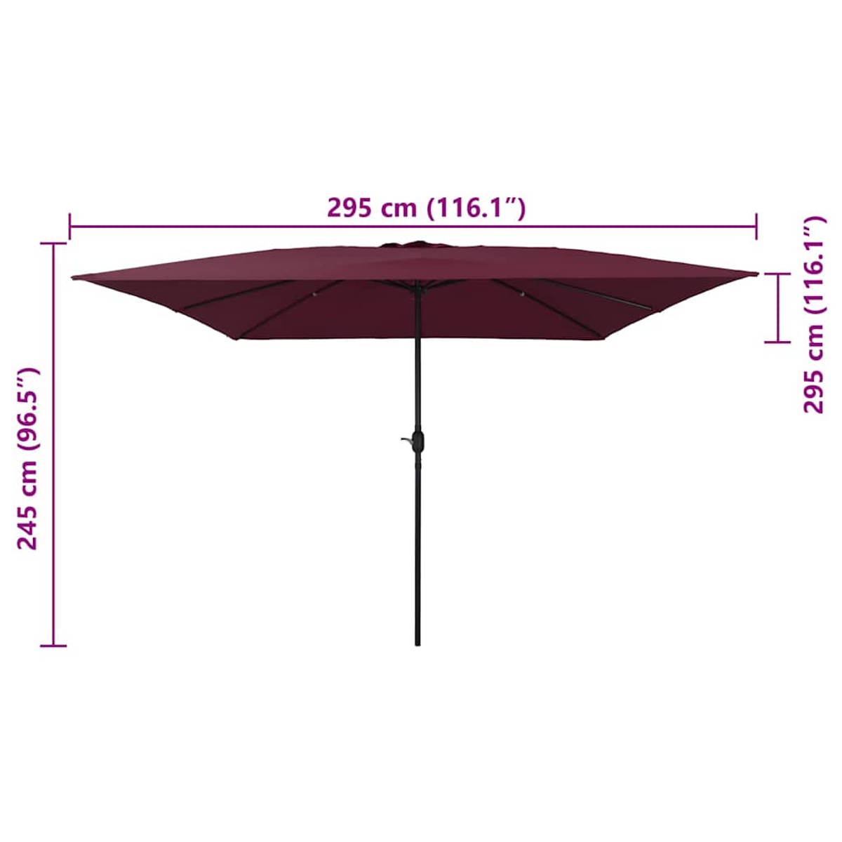 Ein offener, rechteckiger Sonnenschirm in Maroon. Der Schirm hat eine schwarze Stütze und befindet sich vor einem weißen Hintergrund. Abmessungen sind beschriftet.
