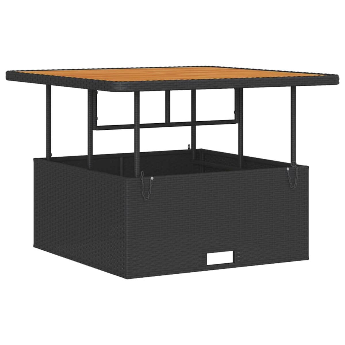 Schwarzer Outdoor-Tisch aus Korbgeflecht mit Holzplatte. Der Tisch hat eine quadratische Form und wird von schwarzen Metallbeinen getragen.