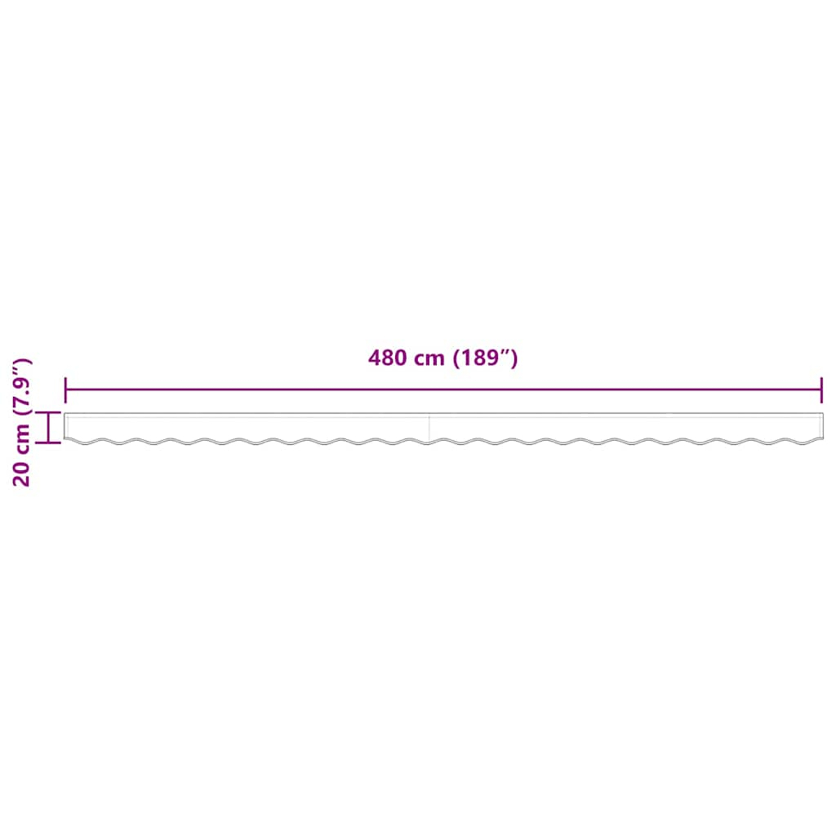 Diagramm eines langen, rechteckigen Objekts mit den Maßen: 480 cm (189") lang und 20 cm (7,9") hoch.