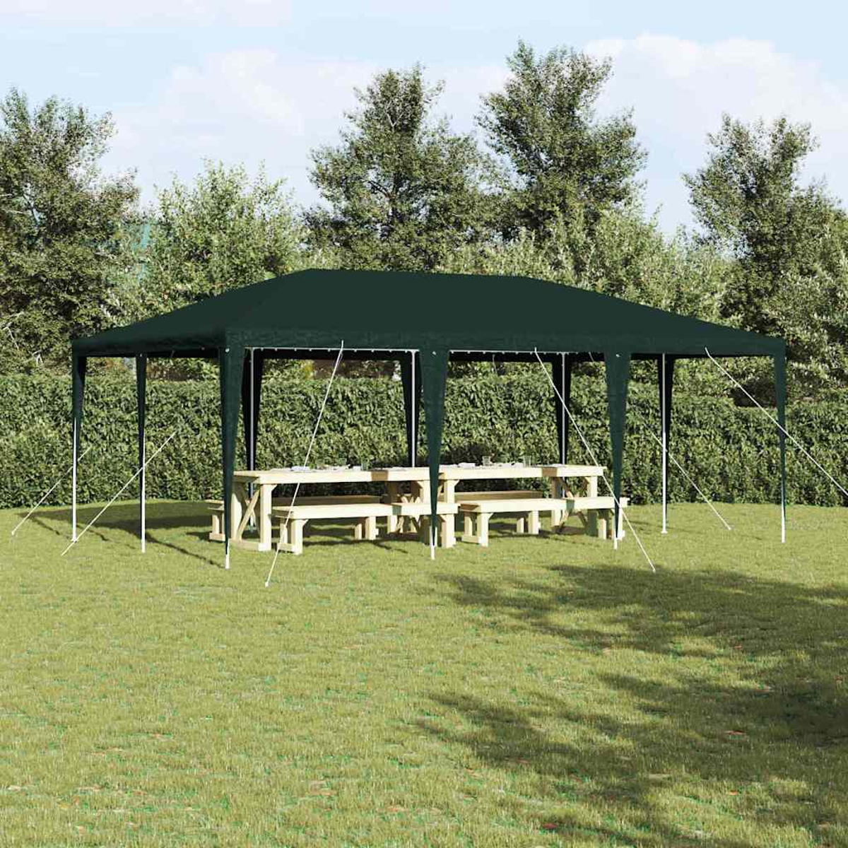 Ein dunkelgrüner Pavillon steht auf einer Wiese, mit Picknicktischen im Inneren. Bäume bilden den Hintergrund, und der Himmel ist sichtbar.