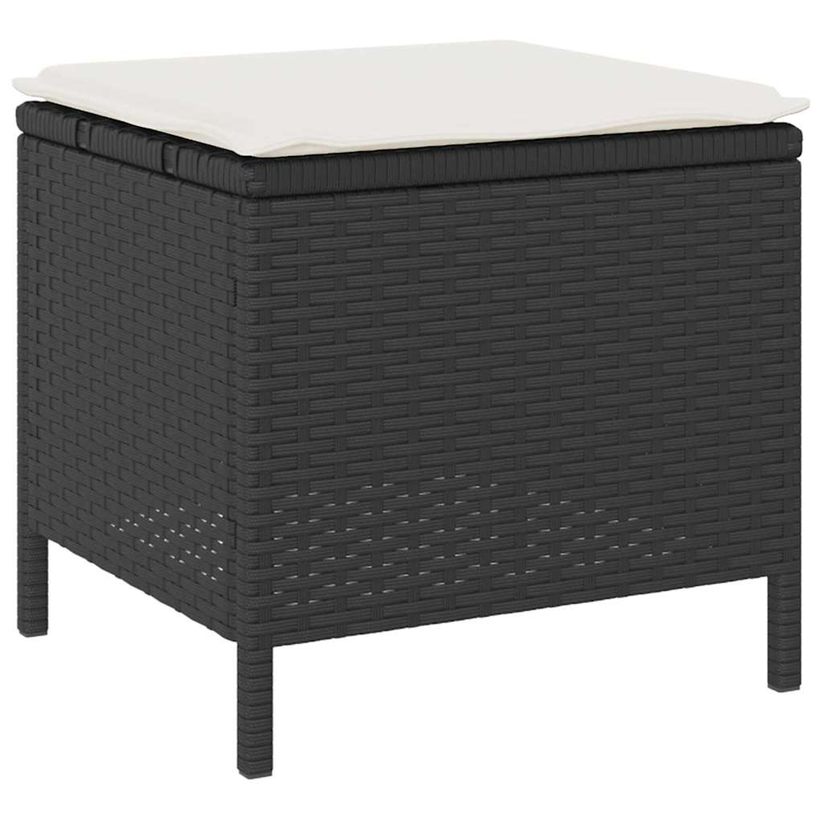 Ein quadratischer, schwarzer, gewebter Outdoor-Hocker mit einem weißen Kissen oben. Er hat vier kurze Beine.