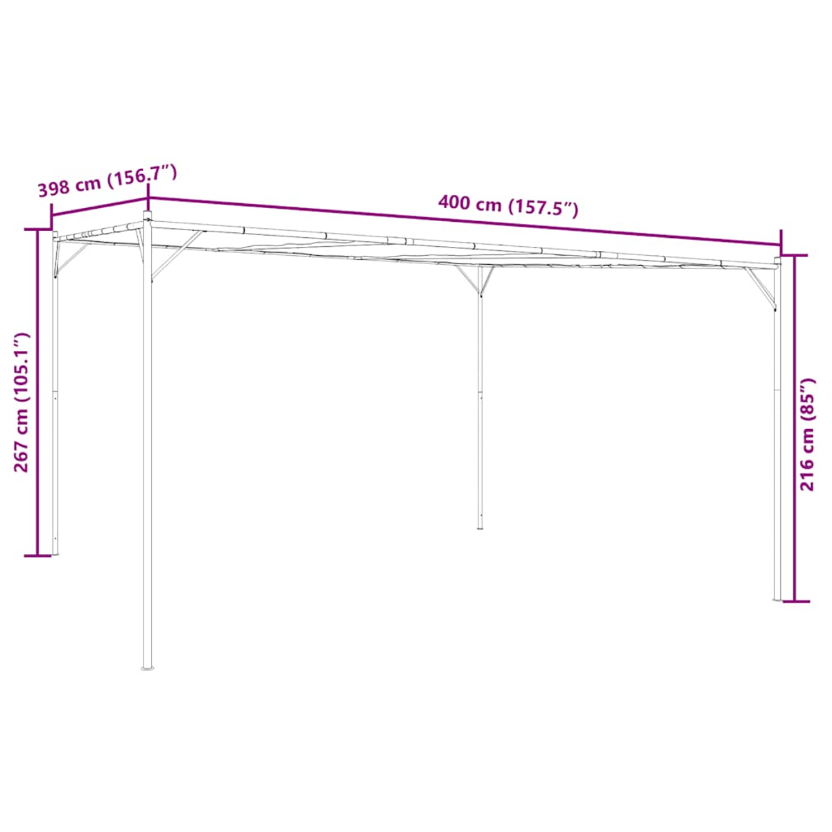 Eine weiße Pergola mit Maßangaben. Sie hat ein rechteckiges Dach und vier vertikale Stützpfosten. Maße sind in cm und Zoll angegeben.