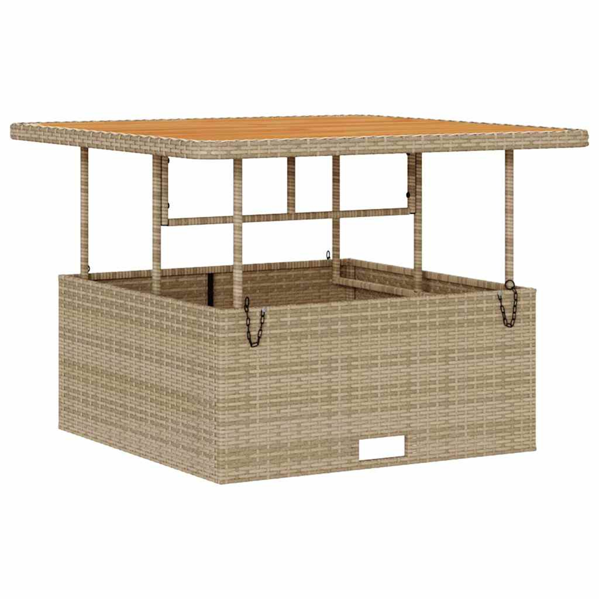 Eine quadratische Outdoor-Bar mit einer Holzplatte und gewebten beigefarbenen Seiten. Sie hat ein Vordach, das von Pfosten und Hängeketten getragen wird.