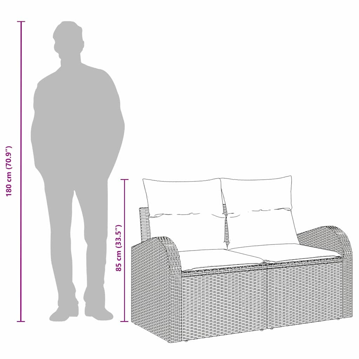 Eine Grafik zeigt die Körpergröße einer Person von 180 cm und die Höhe eines Sofas von 85 cm. Das Sofa ist aus Korbgeflecht mit Kissen.