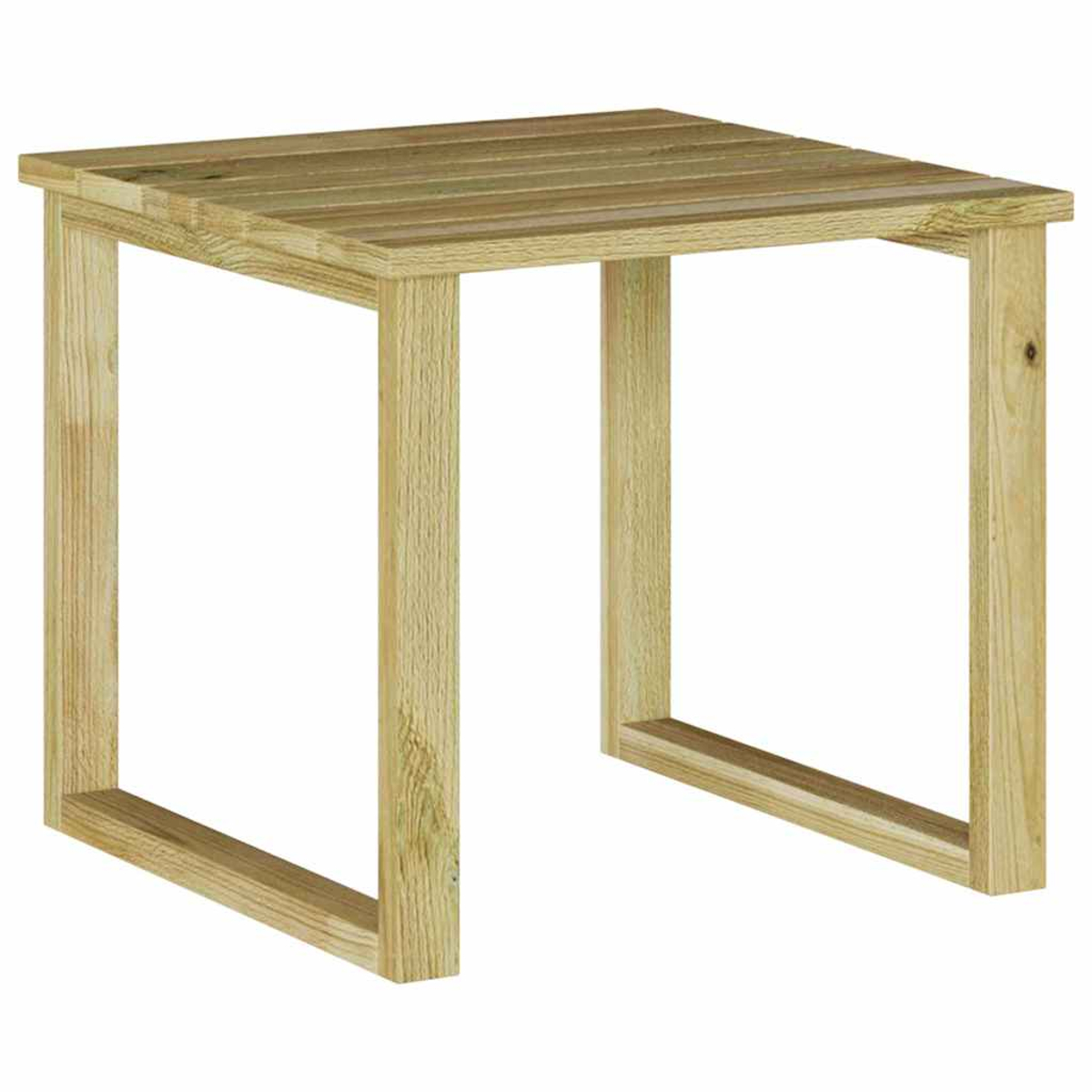 Ein quadratischer Beistelltisch aus Holz mit einer Lattenrostplatte und vier quadratischen Beinen. Das Holz ist hell.