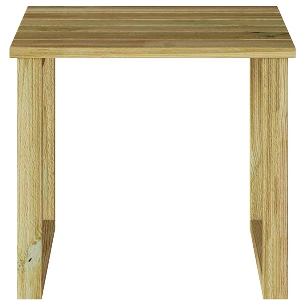 Ein kleiner, quadratischer Holztisch mit vier Beinen. Die Tischplatte besteht aus Brettern. Die Beine sind dick und ebenfalls aus Holz.