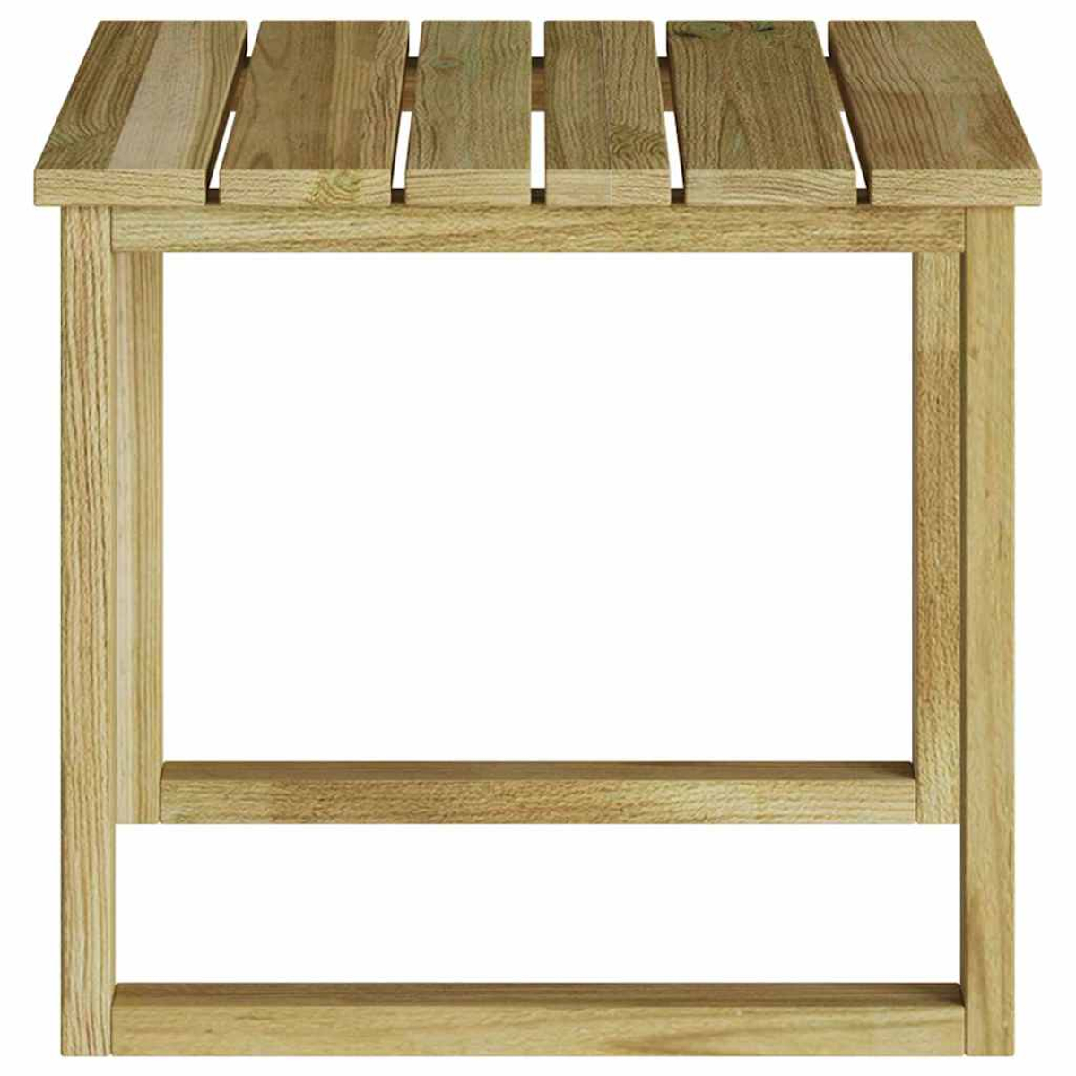 Ein Beistelltisch aus Holz. Er hat eine Lattenrost-Oberfläche und einen einfachen rechteckigen Rahmen. Das Holz ist hellbraun mit sichtbarer Maserung.