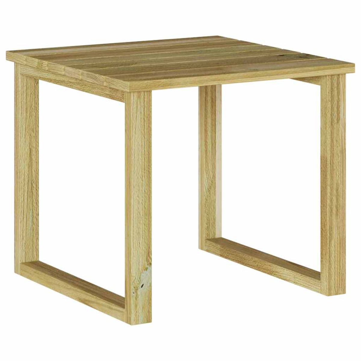 Ein kleiner, quadratischer Holztisch mit einer Lattenoberfläche. Die Beine sind ebenfalls aus Holz, was ein schlichtes, stabiles Design ergibt.