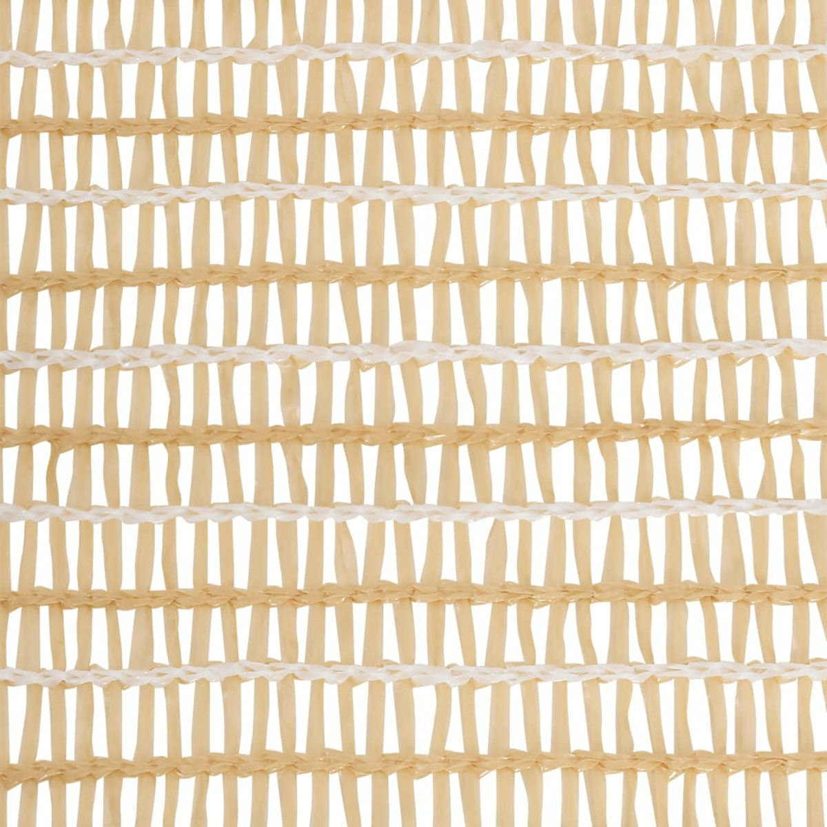 Nahaufnahme eines Stoffes mit abwechselnd beigen und weißen horizontalen Bändern. Beige vertikale Streifen sind durch weiße, gewebte Fäden verbunden.