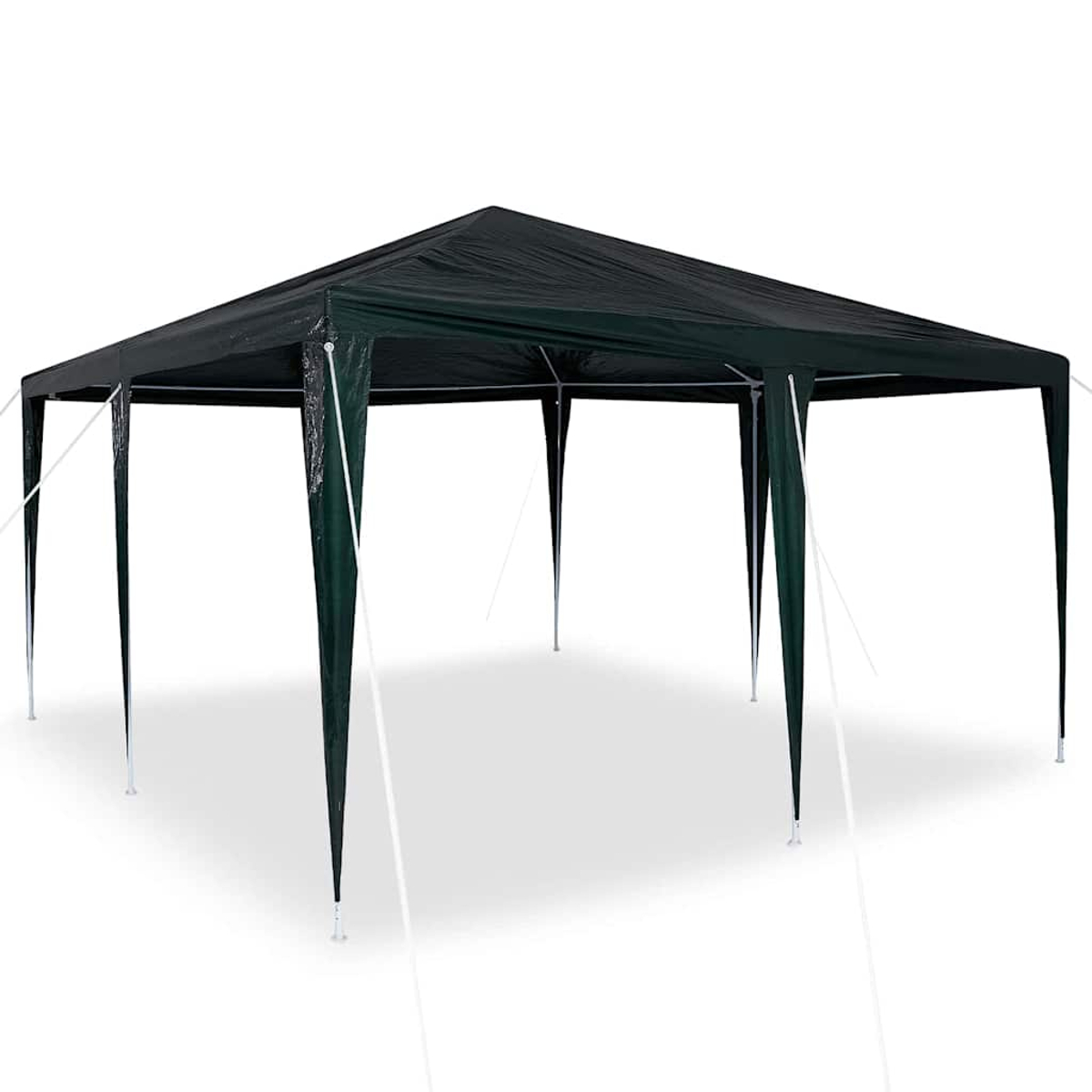 Una tenda con tettoia verde scuro con pali di supporto bianchi. La tenda ha una forma quadrata e su sfondo bianco.