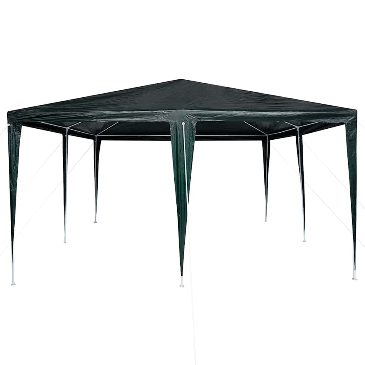 Un gazebo verde scuro con tetto a punta su sfondo bianco. Ha otto gambe e corde bianche attaccate agli angoli.