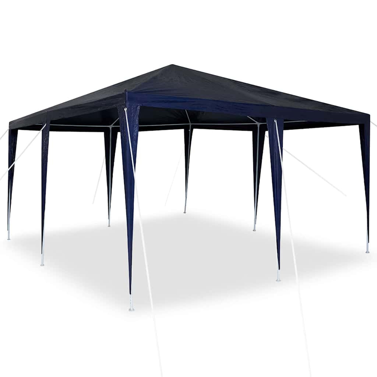 Una tettoia blu navy per esterni con pali di supporto bianchi. Su sfondo bianco.