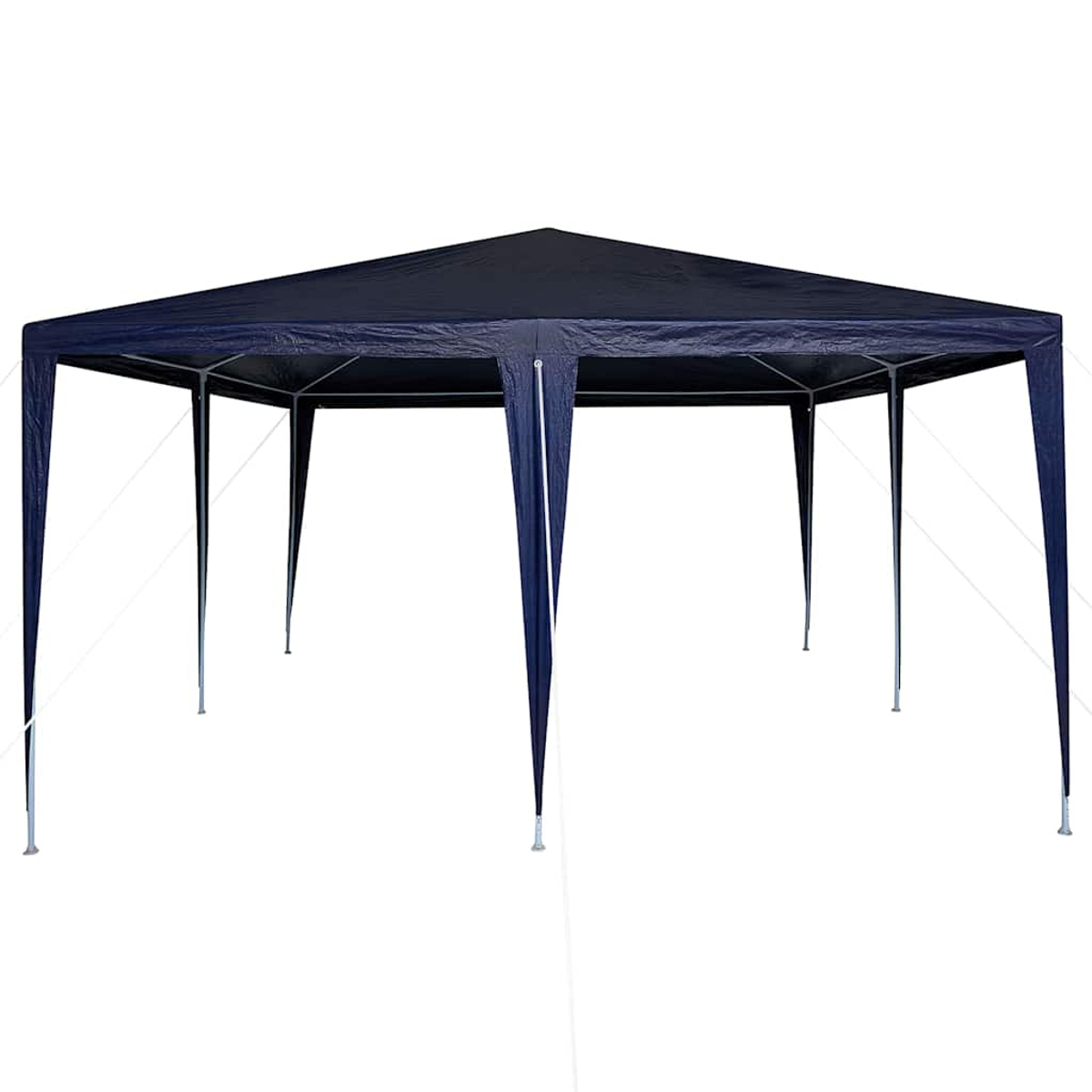 Un gazebo blu scuro con tetto a punta. Ha otto pali di supporto con corde bianche.
