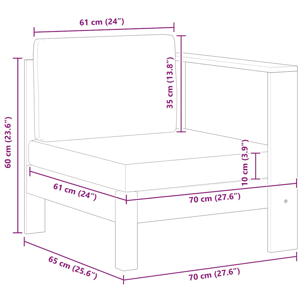 Ein weißer Sessel mit beschrifteten Abmessungen. Der Sitz ist 61 cm breit, die Rückenlehne 60 cm hoch und die Armlehne 70 cm lang.
