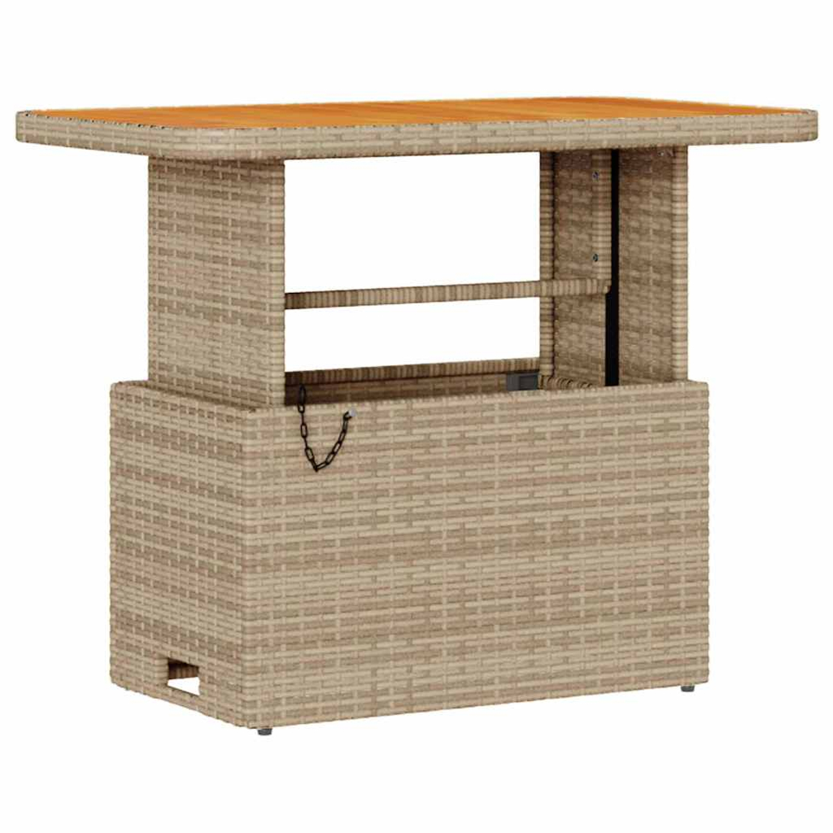 Ein beiger Weidenholz-Bartisch mit Holzplatte. Er hat eine rechteckige Form. An der Seite ist eine schwarze Kette zu sehen.