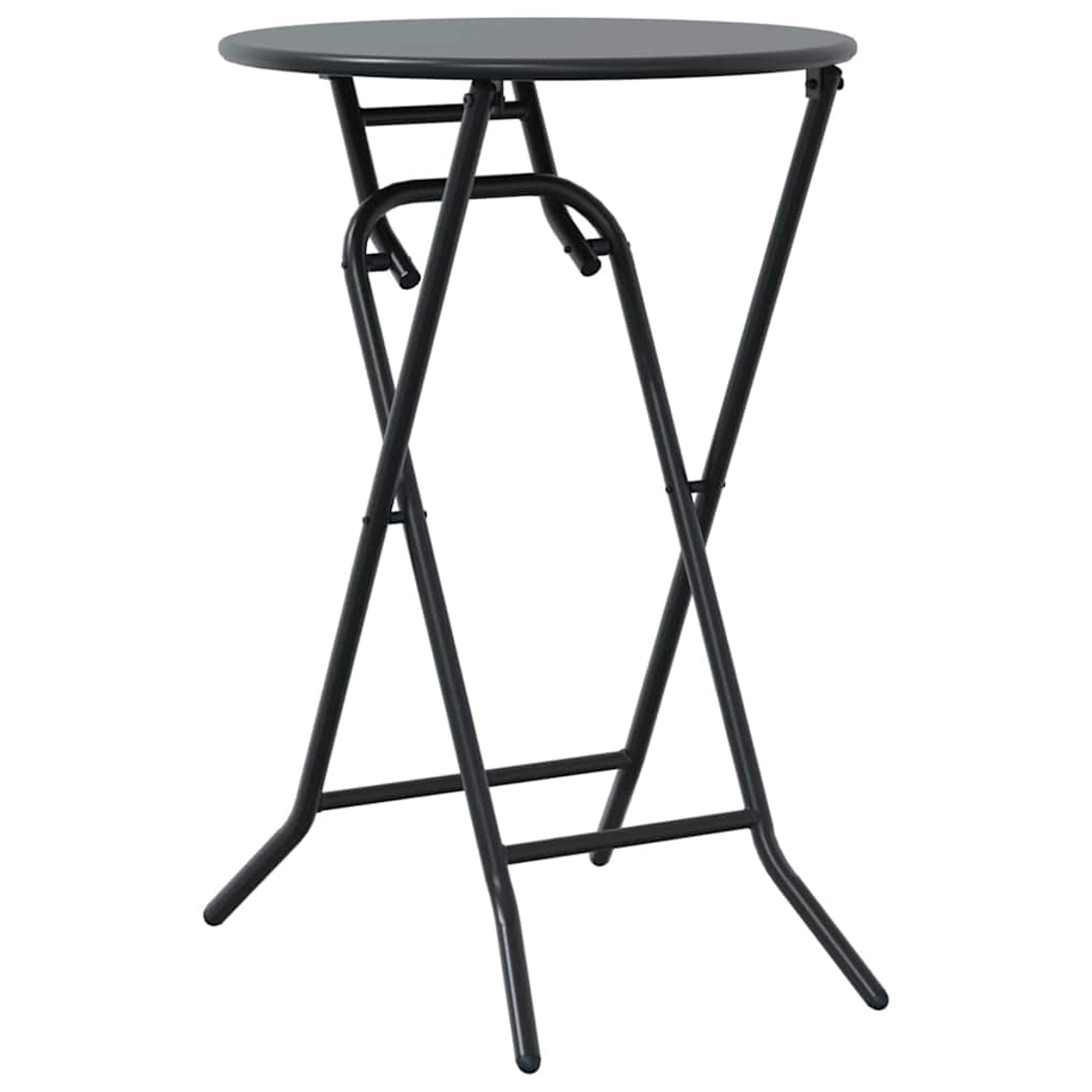 Ein runder, dunkelgrauer Bistrotisch mit einem schwarzen Metall-Klapprahmen. Der Tisch steht vor weißem Hintergrund.