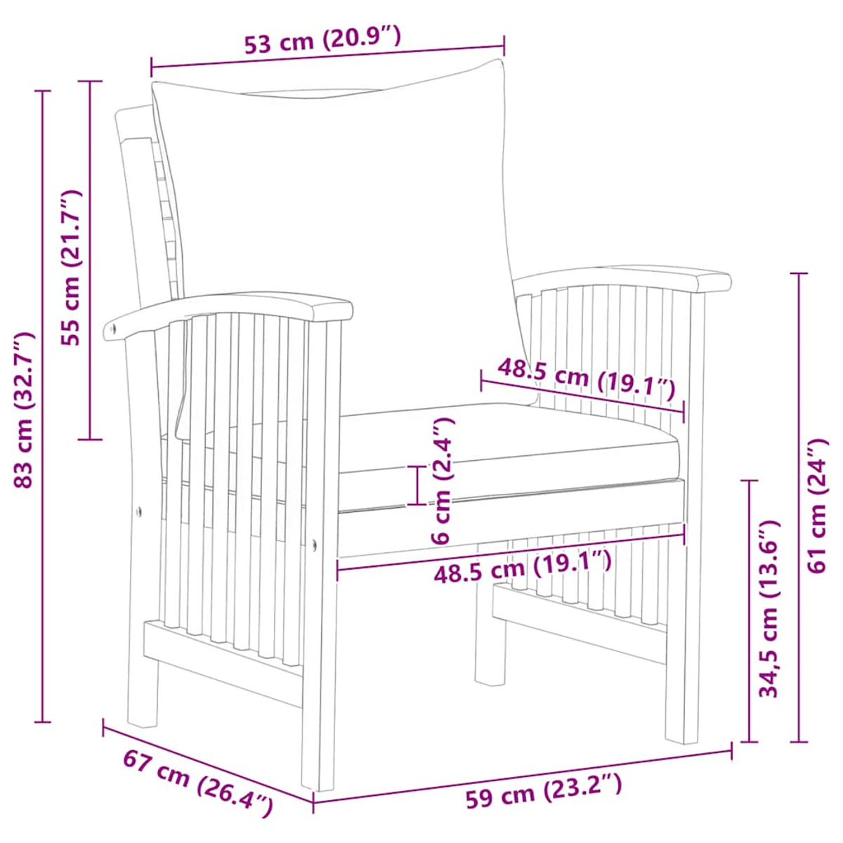 Ein Diagramm eines Stuhls mit Abmessungen in Zentimetern und Zoll. Der Stuhl hat eine Rückenlehne, Armlehnen und einen Sitz. Maße sind angegeben.