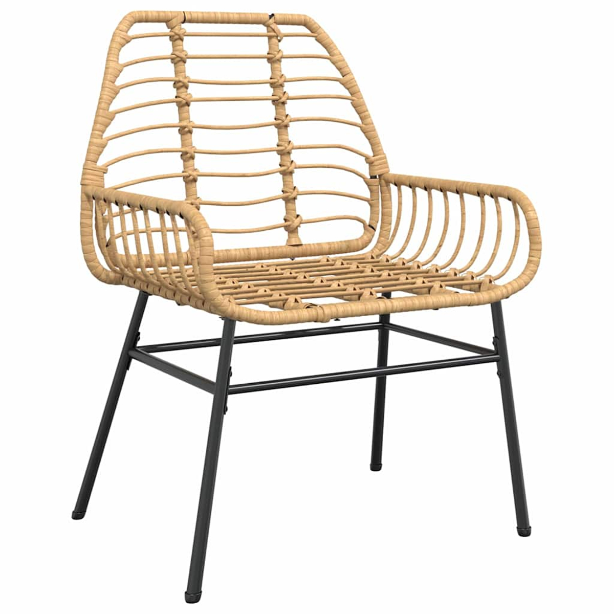 Ein Rattanstuhl mit schwarzem Metallrahmen. Der Stuhl hat eine geschwungene Rückenlehne und Armlehnen. Sitz und Rücken sind gewebt.