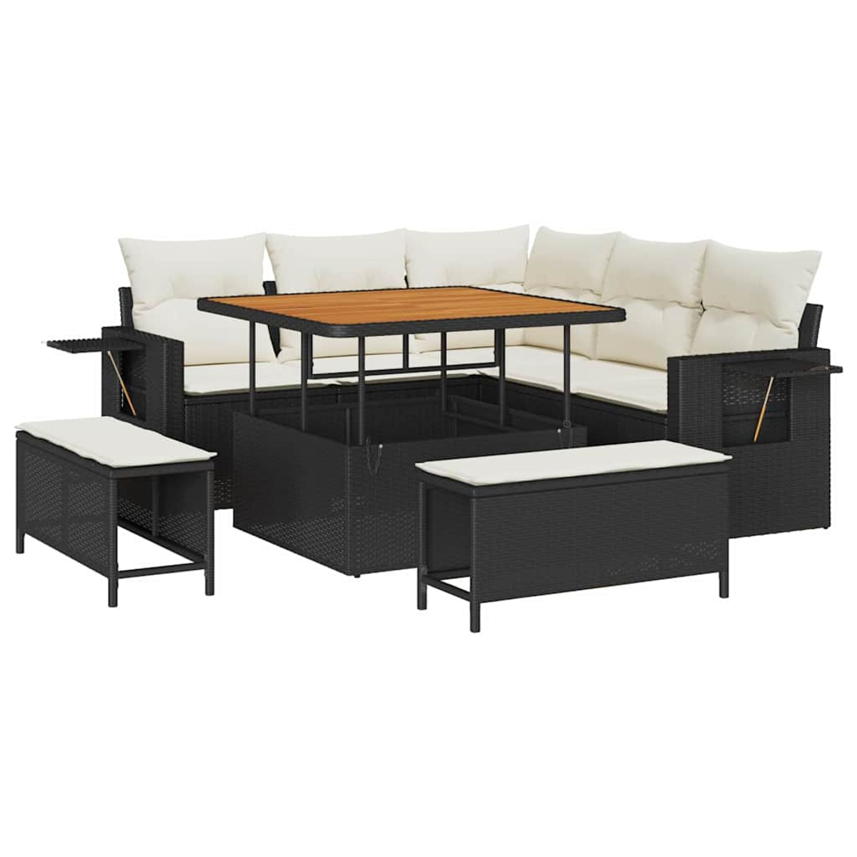 Set divano angolare da esterno con struttura in vimini nero, cuscini bianchi e tavolo in legno. Include due panche.