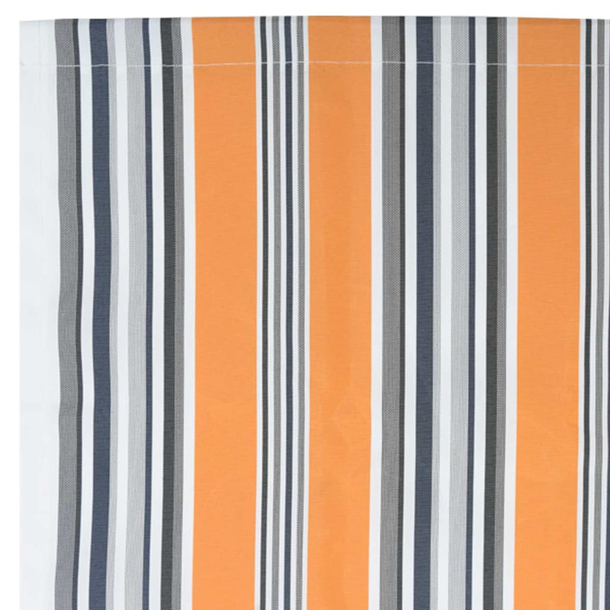Vertikal gestreifter Stoff mit orangefarbenen, weißen, grauen und marineblauen Streifen. Der Stoff ist wahrscheinlich ein Vorhang- oder Markisenmaterial.