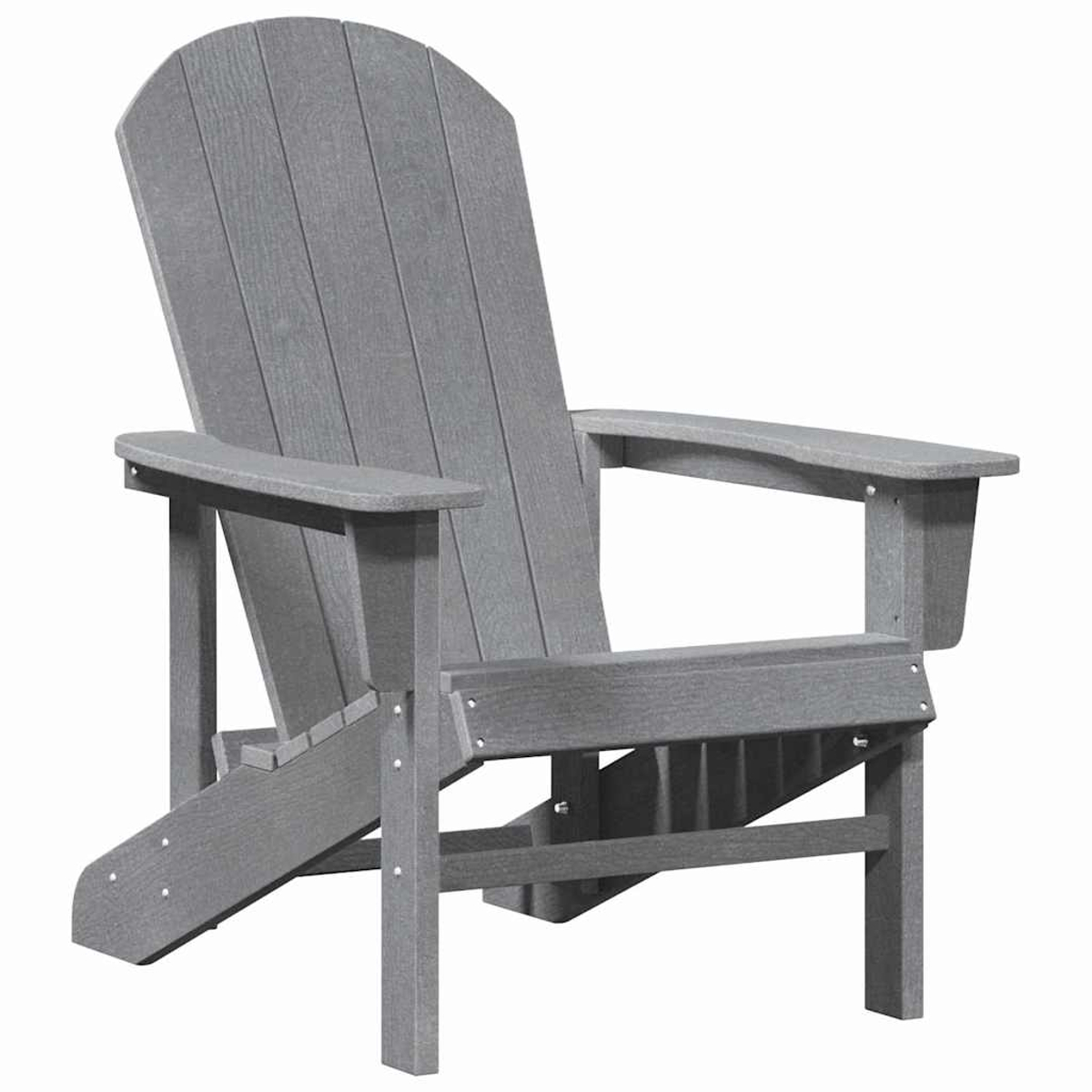 Ein grauer Adirondack-Stuhl vor weißem Hintergrund. Der Stuhl hat eine Lamellenlehne, breite Armlehnen und einen stabilen, rechteckigen Rahmen.