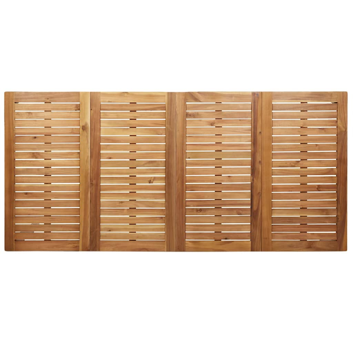 Draufsicht auf einen Holztisch. Der Tisch besteht aus vier rechteckigen Platten mit horizontalen Lamellen, die eine natürliche Holzmaserung zeigen.