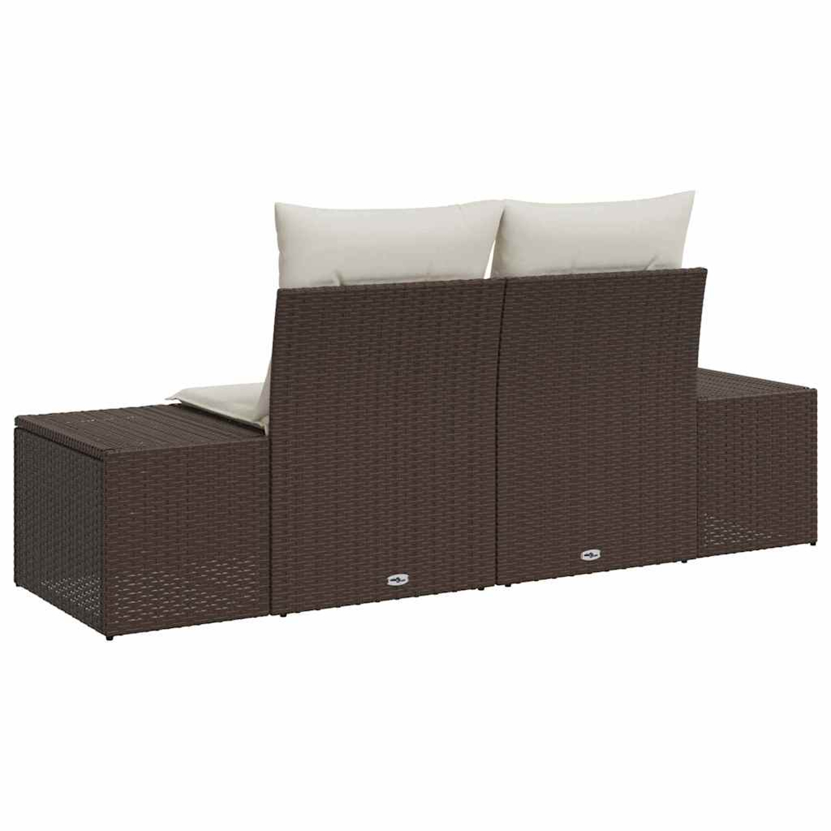 Un juego de sofás de mimbre marrón con dos almohadas crema. El conjunto es de material tejido, con una caja de almacenamiento a la izquierda.