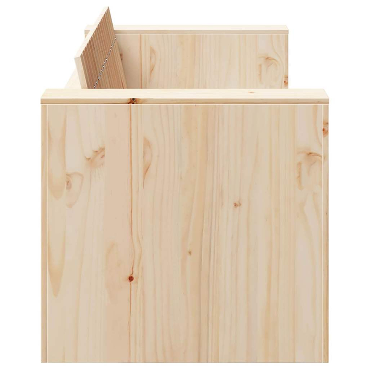 Mueble de madera con veta visible. Una sección está ligeramente abierta, revelando un componente de listones. El tono general es claro.