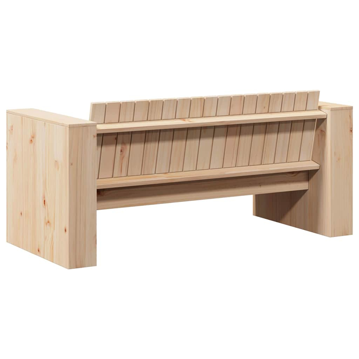 Se muestra un banco de madera clara. Tiene respaldo y reposabrazos de listones. El banco es de madera clara.