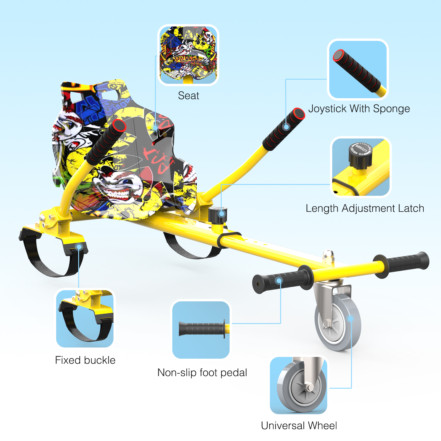 Ein gelber Roller mit graffitiertem Sitz, Schwamm-Joystick, fester Schnalle, rutschfestem Fußpedal, Längenverstellverschluss und Universalrad.